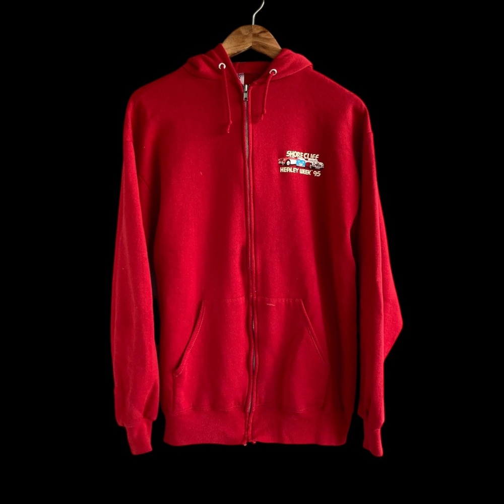 Vintage 1995 Zip Up Hoodie Shore Cliff Car Show Jerzees USA Red Sweatshirt